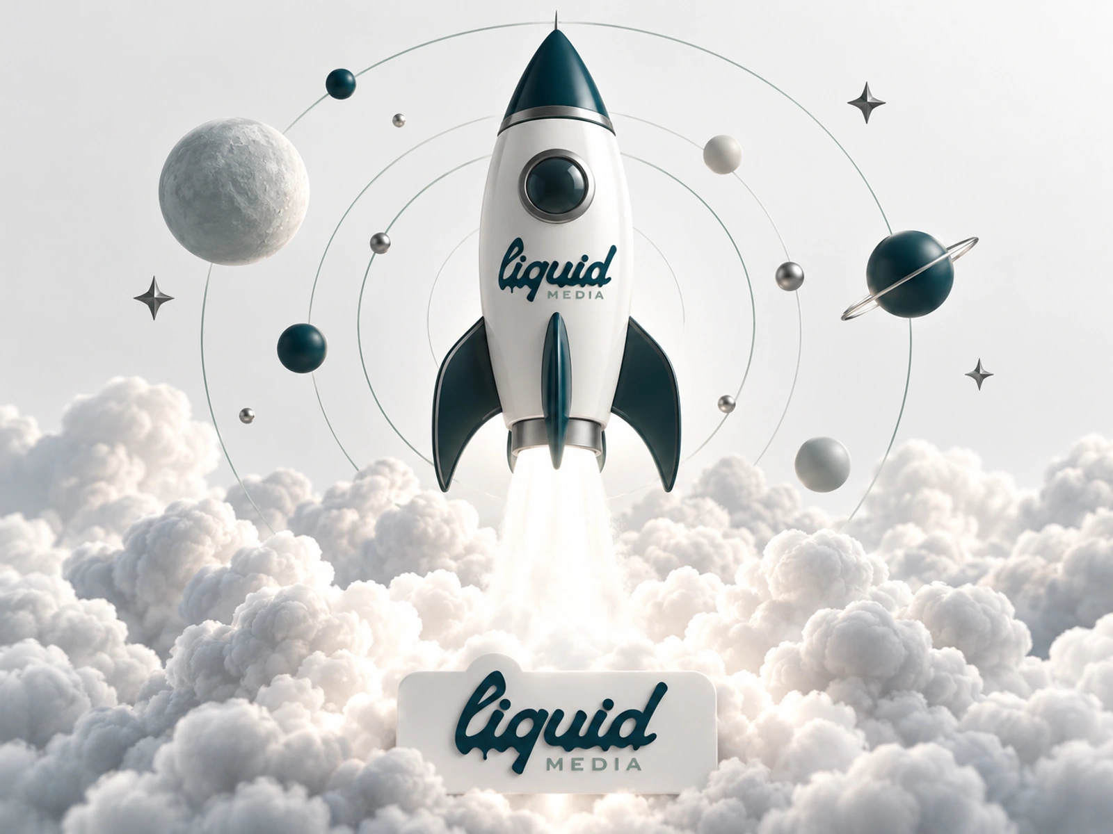 Liquid Media rocket launching through the clouds